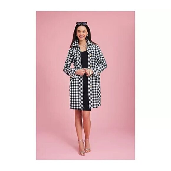Isaac Mizrahi Live! Regular Gingham Button Front Car Coat Pitch Black L A637029 - Picture 2 of 2